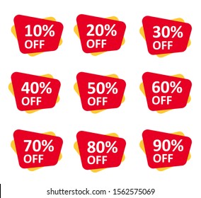 Set red discount percent buttons. Discount label for sales with different percents. Set of red sale stickers - stock vector