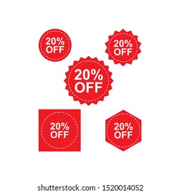Set of red discount sales label. Tags, promo badges, sticker patch templates. red color on a white background. Promo icon, signs of mockup product collection. Label sales tag discount of 20 percent.