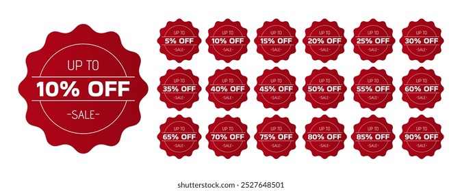 Set of red discount stamp. Up to 5, 10, 15, 20, 25, 30, 35, 40, 45, 50, 55, 60, 65, 70, 75, 80, 85, 90 percent off. Sale. 