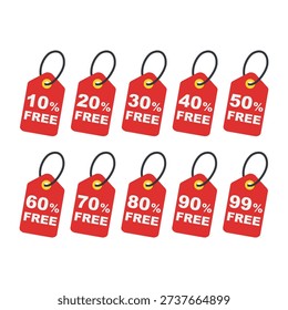 Set of red discount tags from 10% to 99% Free for retail store clearance sales.