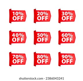 Set of Red Discount Tags with Different Sale Percentages for Retail Promotion. Vector stock illustration