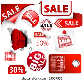 Set of red discount tickets, labels, stamps, stickers, corners, tags (vector)