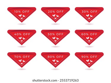 Set of red discount triangular banners with white hearts, coupons in many percentage variations, offer from 10% to 90%, triangle button to increase sales on your website, vector color illustrations