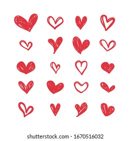 Set of red doodle hearts. Collection of hand drawn love heart. Vector illustration.