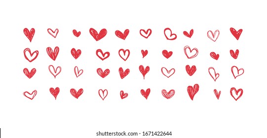 Set of red doodle hearts. Heart drawn the hand. Vector illustration.