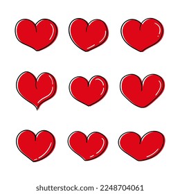 Satz von roten doodle Herzen Vektorgrafik. Neun handgezeichnete Liebessymbole. rote Herzen mit schwarzer Umrisslinie einzeln auf weißem Hintergrund