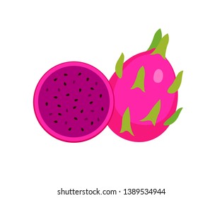 set of Red dragon fruit, Summer tropical fruit, cartoon flat icon, vector illustration sketch isolated on white background