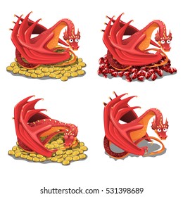 Set of red dragon guarding his treasures and golden coins isolated on a white background. Vector cartoon close-up illustration.
