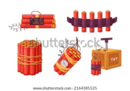 Set of red dynamite sticks and detonator box. Explosive red bundles dynamite sticks with clock mechanism and burning wires. Dangerous weapon objects working with TNT with bicforod cord flat vector