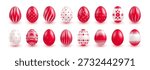 Set of red Easter eggs on white background. Red white geometric pattern on red white eggs,