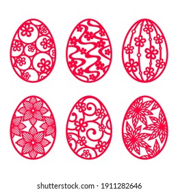 Set of red Easter eggs with a pattern, isolated on a white background. Vector decorative elements for Happy Easter design, holiday greeting card, banner, flyer, laser, plotter cutting. Spring holiday