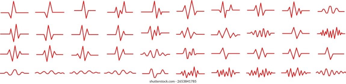 Set of red ECG heartbeat line or audio waveform line icons in various shapes. Isolated on transparent background, ideal for health monitoring, digital heartbeat graphics
