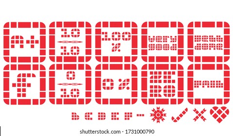 Set of red education grade score vector icons in a modern block style font. Includes the words A+, 10 out of 10, 100%, Well Done, Very Good, F for Fail, and Zero.
