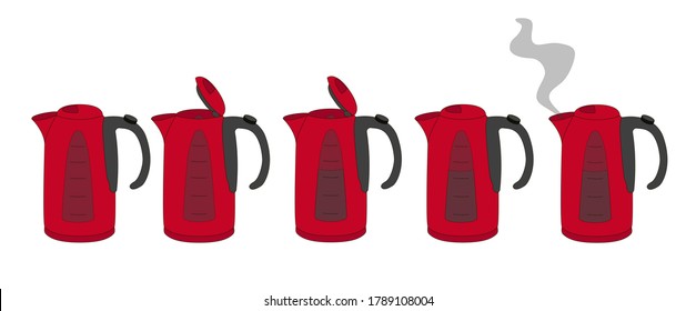 A set of red electric kettles with open and closed lid, with and without water, and a kettle that boils and steam comes out of it. Drawing isolated on a white background. Stock vector illustration.