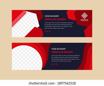 Set of red element of abstract corporate business banner template, horizontal layout design with dark blue background. Half circle and hexagon is space for photo. Designs can used header of website.