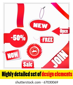 Set of red elements. New, -50%, join, FREE etc. Vector.