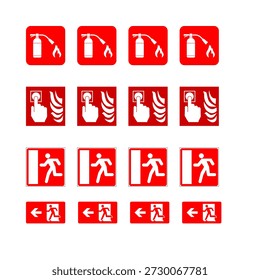 Un conjunto de iconos rojos de emergencia y seguridad contra incendios que incluyen extintor de incendios, Botón de alarma y símbolos de salida, diseñados para señalización de seguridad, guía de evacuación y uso de instrucciones de emergencia.