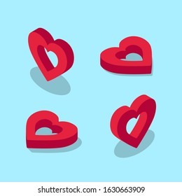 Set of red empty inside isometric hearts on blue background. Decorative red hearts for Valentine's day celebration. - Vector illustration