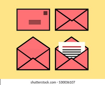 Set of red envelope, front view, back view, opened view and news letter in the envelope has been opened on orange background