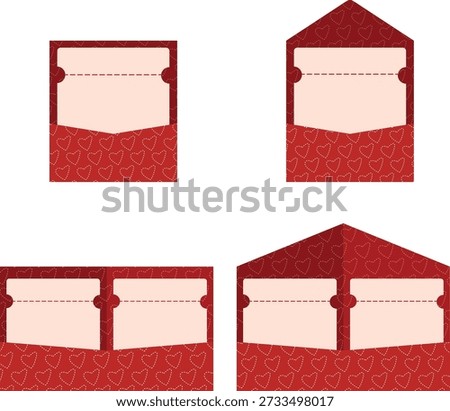 Set of red envelope and gift card packaging templates featuring heart patterns and clean printable layout. Romantic design suitable for Valentine’s Day, wedding invitations, love letters, greeting cards, gift packaging, branding, and DIY print projects. Vector-style composition with multiple envelope formats.