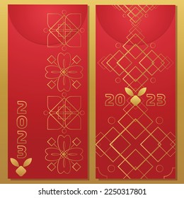 Conjunto de sobres rojos con elementos chinos para el Año Nuevo Chino 2023. Diseño de año de conejo.Vector para carteles, tarjetas de felicitación, plantillas, publicaciones en medios sociales y anuncios.
