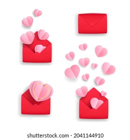 A set of red envelopes with hearts for Valentine's day.