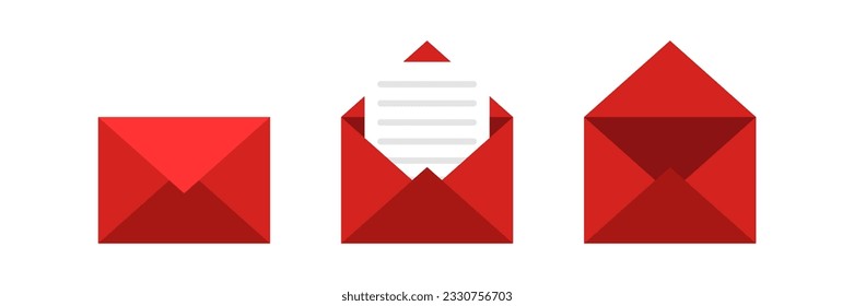 Set of red envelopes icons. Paper document enclosed in an envelope. Delivery of correspondence or office documents. Isolated on white background. Vector illustration.