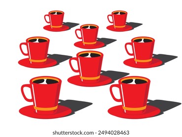 Set of red espresso cups filled with coffee, isolated on white background