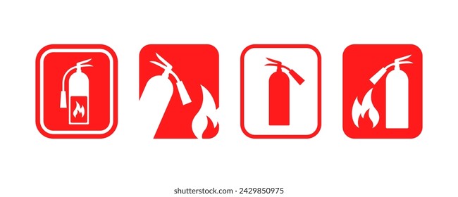 Conjunto de signos de vector extintor rojo. Etiqueta del extintor en la pared.