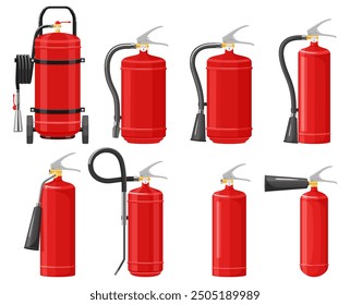 Set of red extinguishers isolated on white background: different types of handle extinguishers, water, carbon dioxide, foam, powder and wet chemicals. Flat design vector illustration