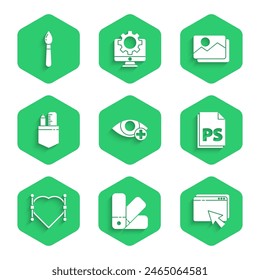 Set Red eye effect, Color palette guide, Web design and development, PS File document, Heart with Bezier curve, Crossed ruler pencil, Picture landscape and Paint brush icon. Vector