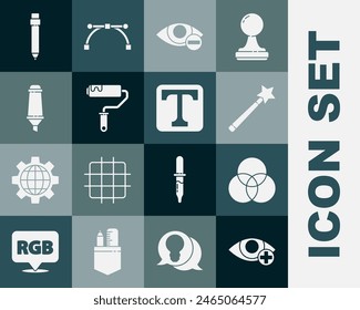Set Red eye effect, RGB and CMYK color mixing, Magic wand, Paint roller brush, Marker pen, Pencil with eraser and Text icon. Vector