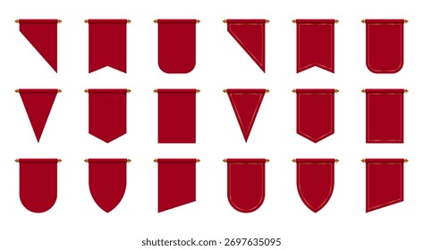 Conjunto de banners de tecido vermelho e coleção de bandeiras no fundo branco