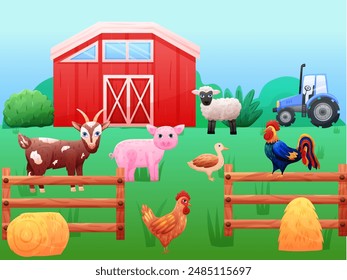 Set with red farm house, hay straw and animals. Vector kids illustration