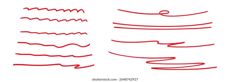Conjunto de canetas de ponta de feltro vermelha ou linhas de sublinhado marcador. Traços de caneta de rabisco desenhados à mão. Destaque de nota de memorando. Elemento de ênfase sublinhado manuscrito. Ilustração vetorial.