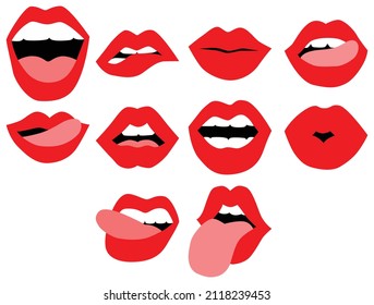 Set of red female lips. Collection of woman's lips expressing different emotions. Vector illustration of a sexy woman's lips. Smile, kiss. beauty concept, pop art, fashion background.