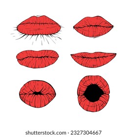 set red female lips collection sketch vector illustration line art