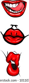 The set of red female lips with different emotion. Pop art retro comic vector illustration isolated on a pink background with little hearts.