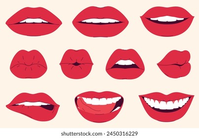 Un conjunto de labios femeninos rojos que expresan diferentes emociones. Labios sexy sonríen, besan, coquetean. Ilustración vectorial