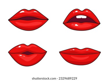Set of red female lips in pop art style on a white background. Vector