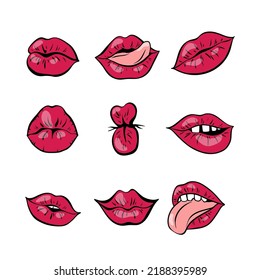 Set of red female lips with retro pop art style. Mouth with a kiss, a smile, a tongue, teeth. Vector illustration.