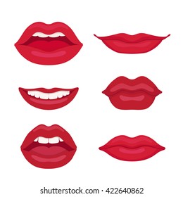 Set of red female lips with a smile, design element.