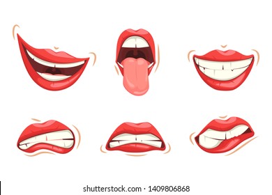 Conjunto de labios femeninos rojos. Diversas expresiones de emociones, una colección de gestos. Los labios femeninos expresan diferentes emociones.