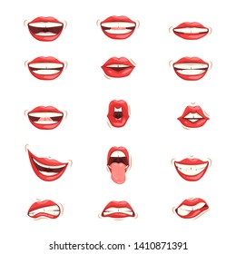 Set of red female lips. Various expressions of emotions, a collection of gestures. Female lips express different emotions.