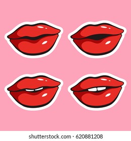 Set of red female lips. Vector stickers isolated on pink background.