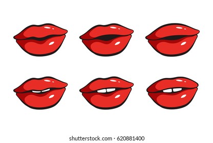 Set of red female lips. Vector illustration isolated on white background.