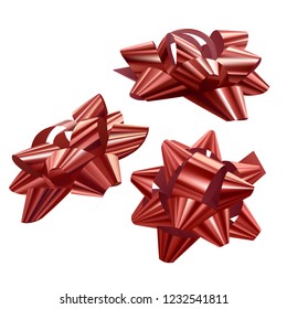 Set of red, festive bows in different angles on white background, vector illustration