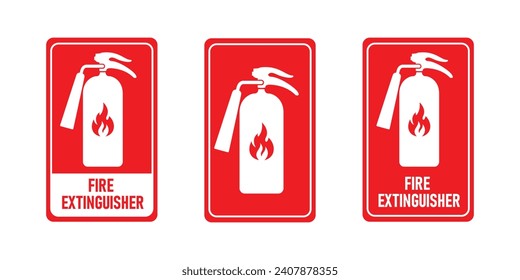 Set of red fire extinguisher. Firefighters tools for flame fighting attention colored vector