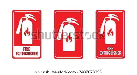 Set of red fire extinguisher. Firefighters tools for flame fighting attention colored vector