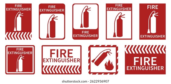Conjunto de sinais de extintor de incêndio vermelho. Ilustração vetorial